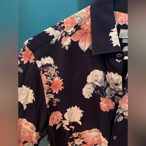 Zara Navy and Pink Blossom Button Up - Picture 3 of 5